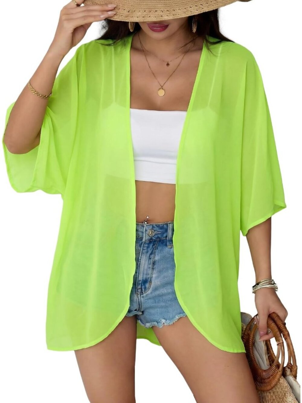 Women's Tender Green Chiffon Kimono Cardigan Open Front Blouse Swimwear Cover Up